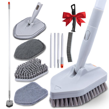 DSV Standard Tile Tub Scrubber Brush Shower Scrubber with Long Handle 3-in-1 Cleaning Brush with 3 Detachable No Scratch Brush Heads 56’’ Scrub Brush for Shower Bathroom Wall Kitchen SinkToilet