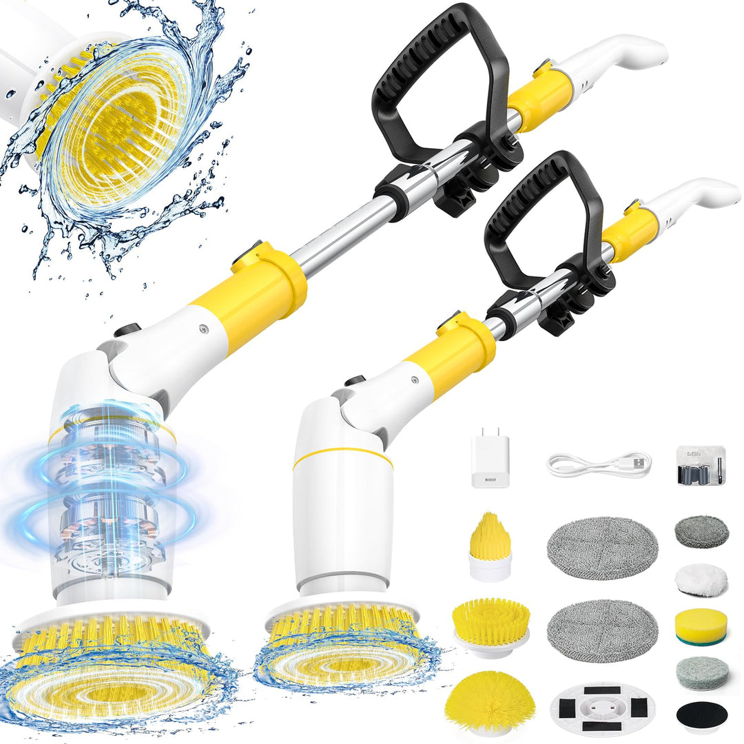StarVal Electric Spin Scrubber Cordless Shower Scrubber Up to 550 RPM with 9 Replaceable Brush Heads Adjustable Extension Handle Electric Scrubber for Cleaning Bathroom Tub Kitchen Car (Yellow)