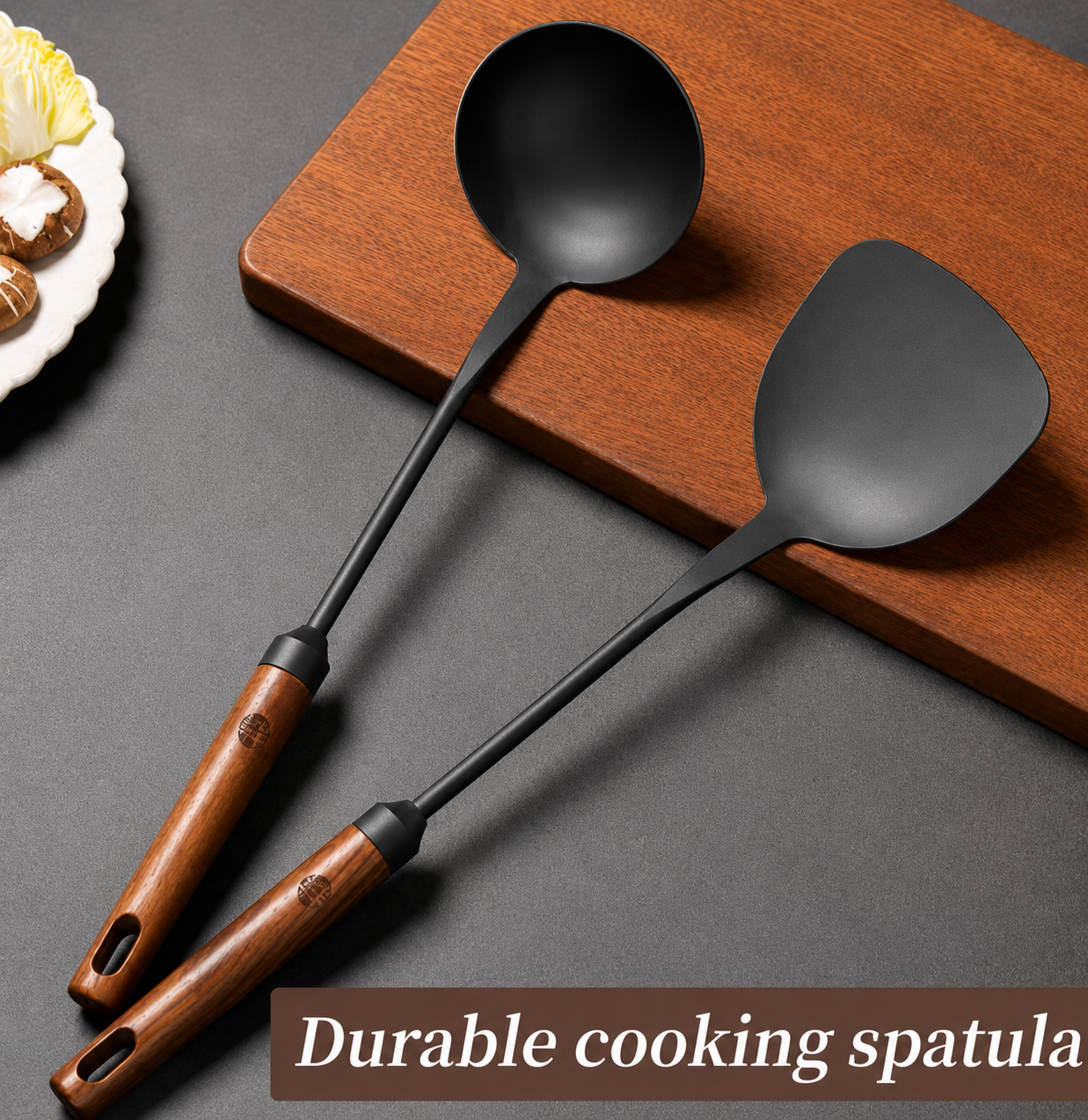 WANGYUANJI Iron Wok Spatula & Soup Spoon Set with Long Wooden Handles