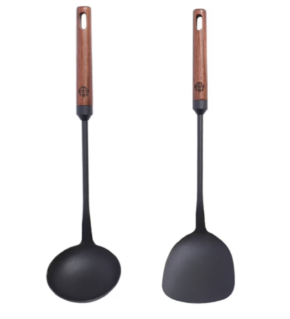 WANGYUANJI Iron Wok Spatula & Soup Spoon Set with Long Wooden Handles