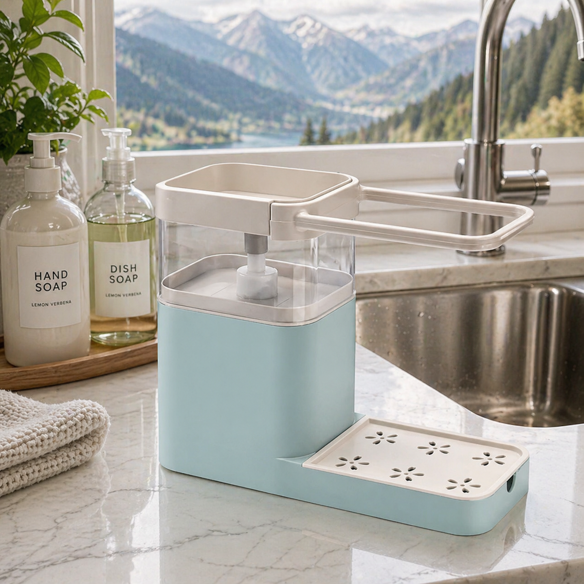 Nordic 2-in-1 Soap Dispenser & Sponge Holder – Compact Kitchen Sink Organizer