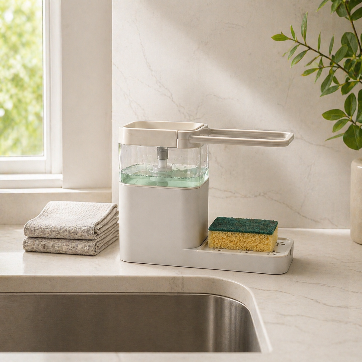 Nordic 2-in-1 Soap Dispenser & Sponge Holder – Compact Kitchen Sink Organizer
