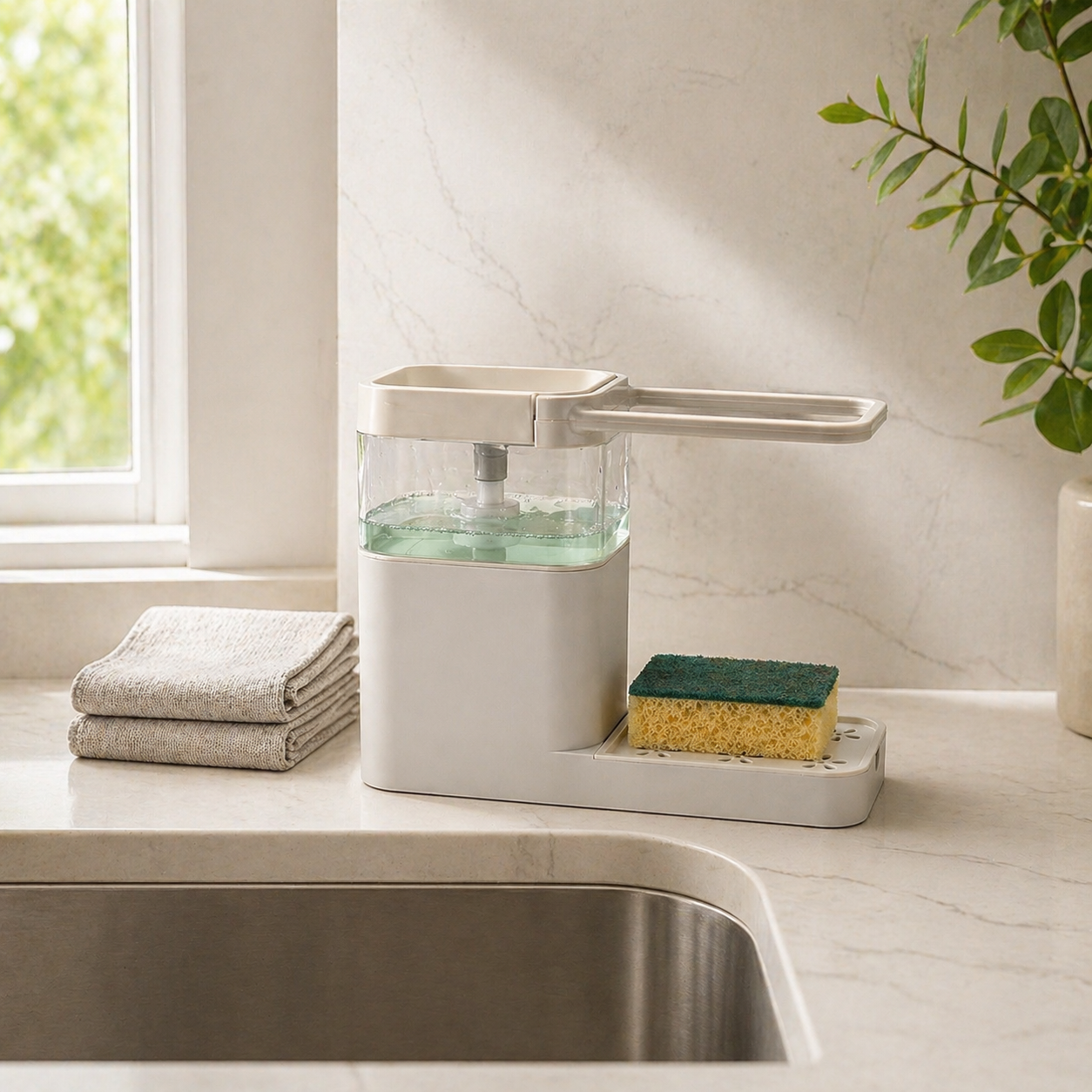 Nordic 2-in-1 Soap Dispenser & Sponge Holder – Compact Kitchen Sink Organizer
