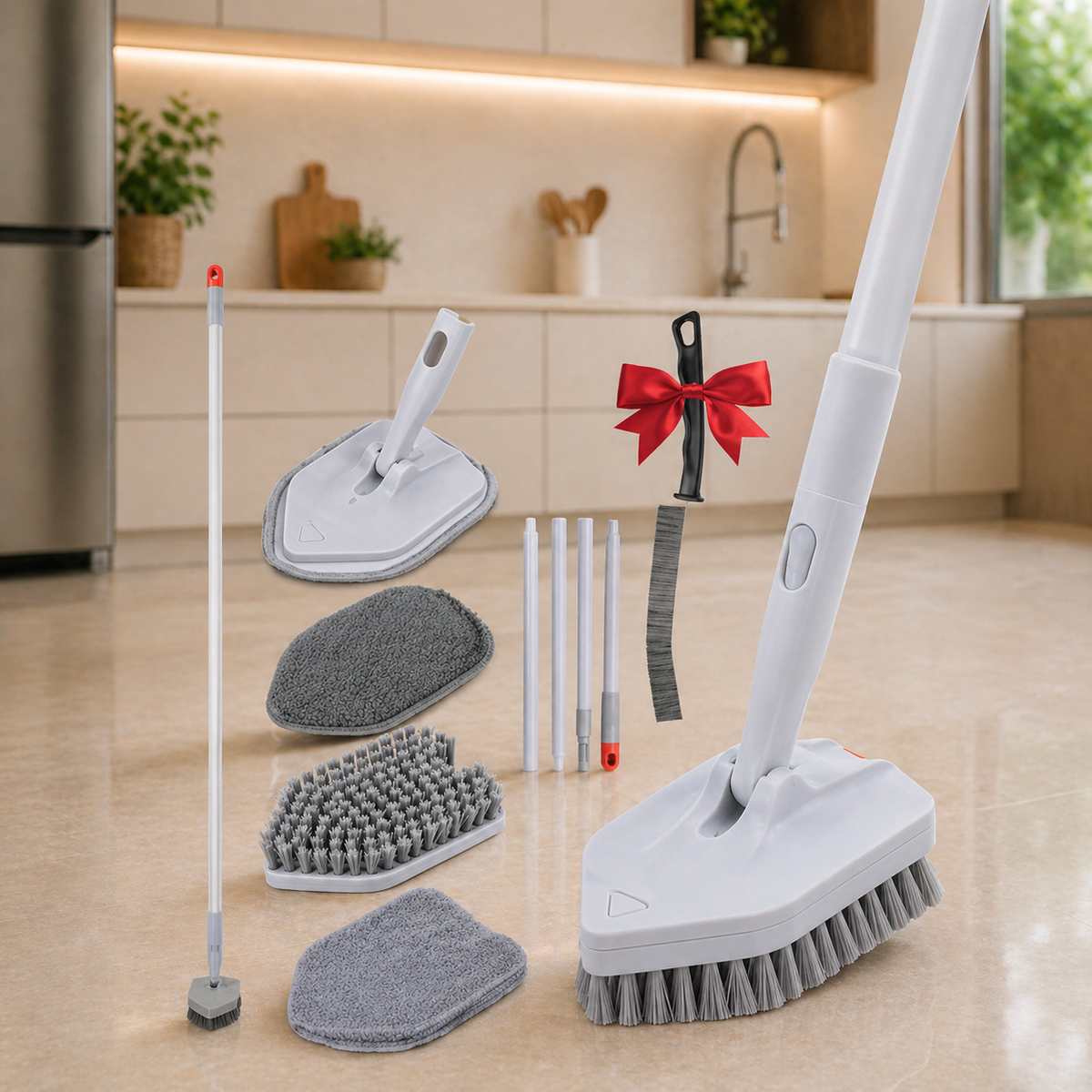 DSV Standard Tile Tub Scrubber Brush Shower Scrubber with Long Handle 3-in-1 Cleaning Brush with 3 Detachable No Scratch Brush Heads 56’’ Scrub Brush for Shower Bathroom Wall Kitchen SinkToilet