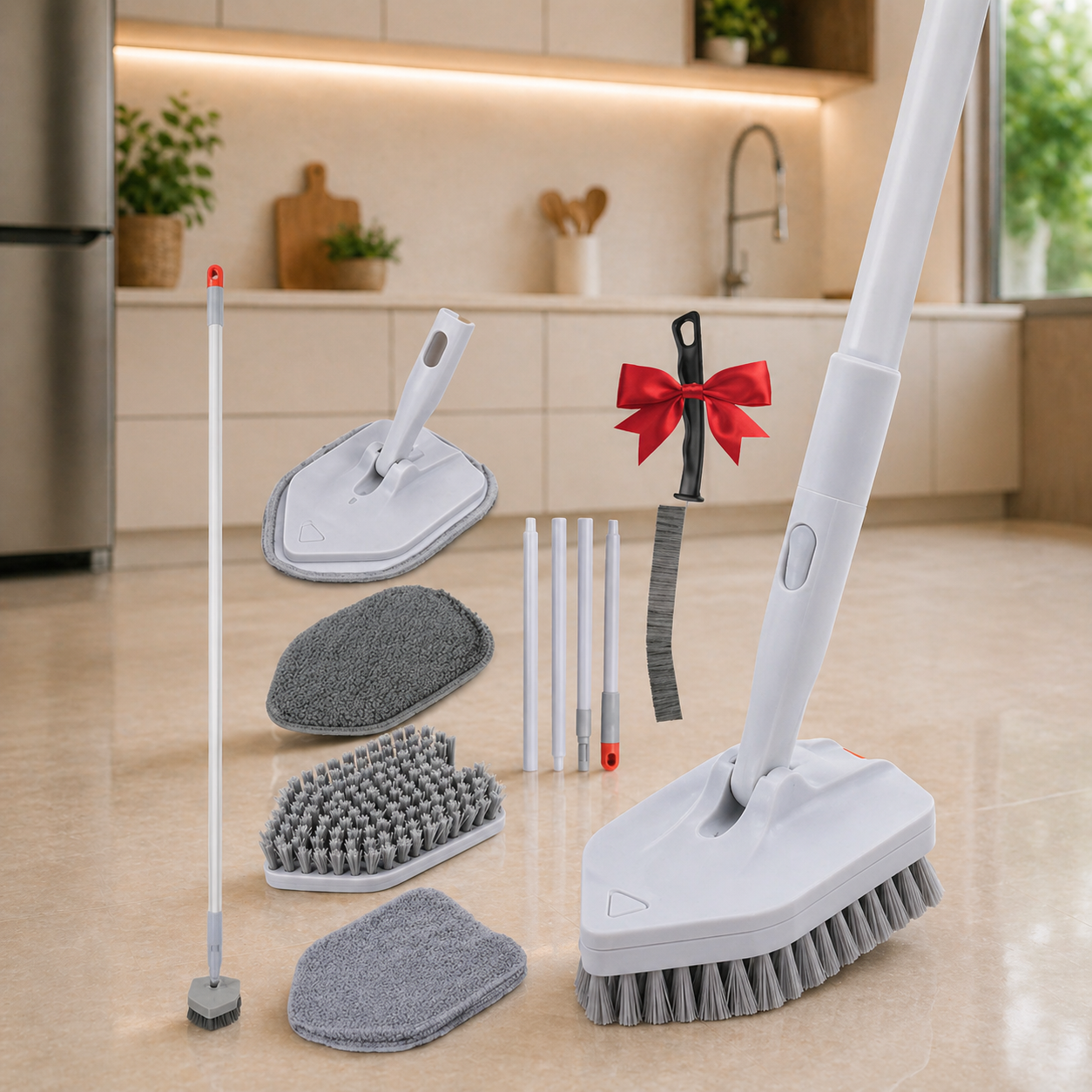 DSV Standard Tile Tub Scrubber Brush Shower Scrubber with Long Handle 3-in-1 Cleaning Brush with 3 Detachable No Scratch Brush Heads 56’’ Scrub Brush for Shower Bathroom Wall Kitchen SinkToilet