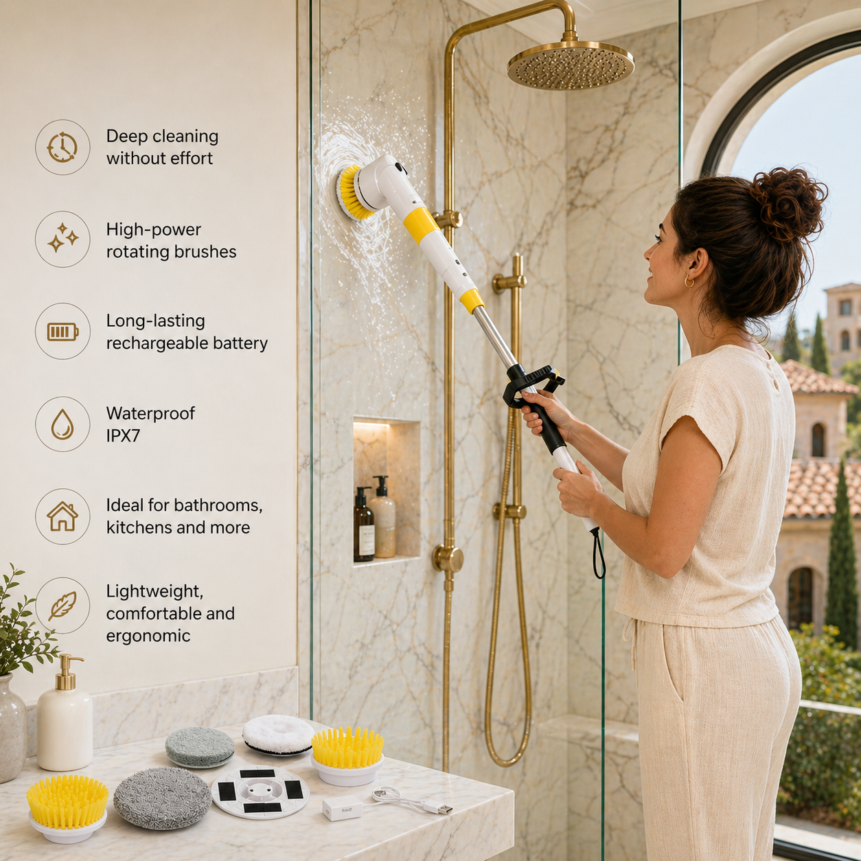 StarVal Electric Spin Scrubber Cordless Shower Scrubber Up to 550 RPM with 9 Replaceable Brush Heads Adjustable Extension Handle Electric Scrubber for Cleaning Bathroom Tub Kitchen Car (Yellow)