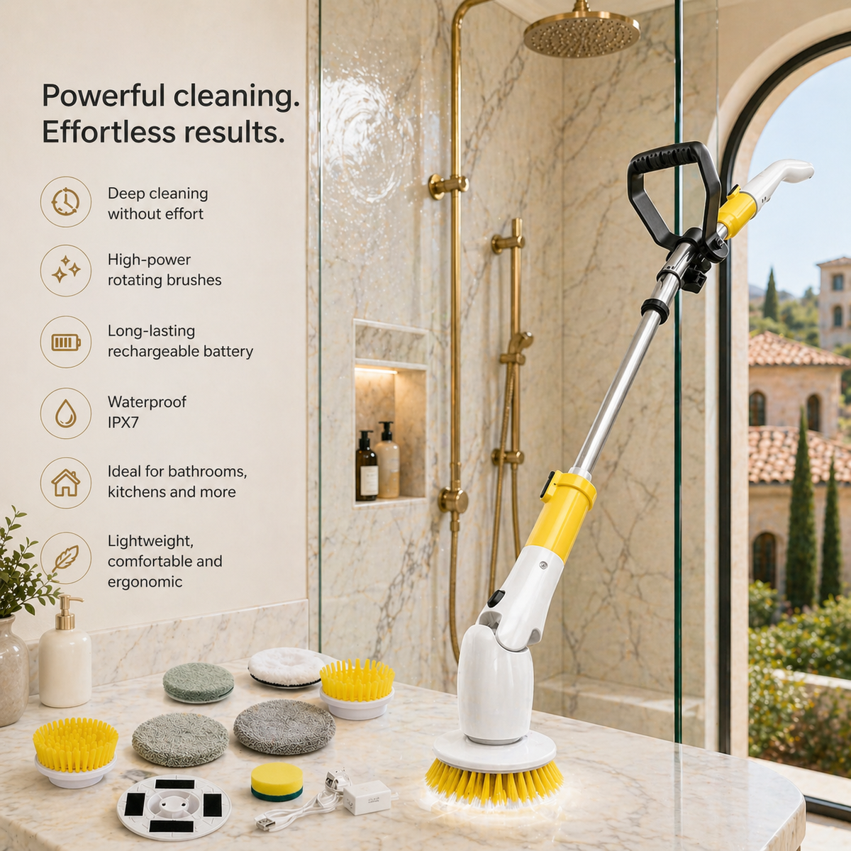 StarVal Electric Spin Scrubber Cordless Shower Scrubber Up to 550 RPM with 9 Replaceable Brush Heads Adjustable Extension Handle Electric Scrubber for Cleaning Bathroom Tub Kitchen Car (Yellow)
