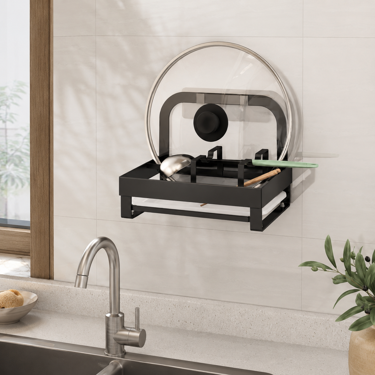 Kitchen Countertop Spatula and Pot Cover Storage Rack