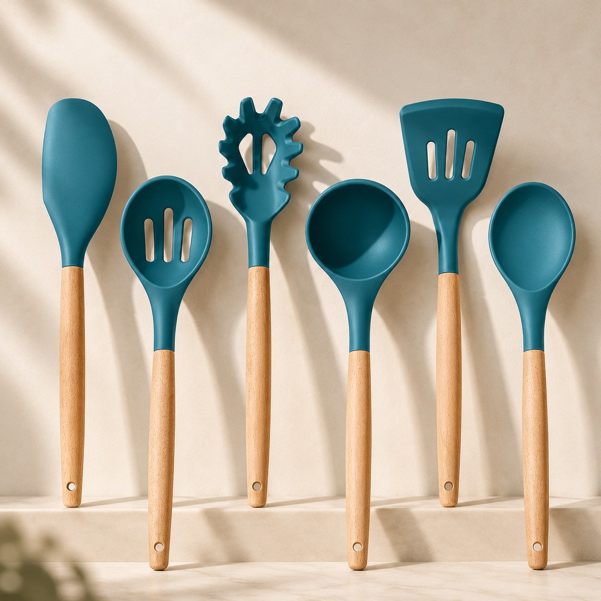 Kitchen Utensils Set of 6 E-far Silicone Cooking Utensils with Wooden Handle Non-stick Cookware Friendly Includes Spatula/Ladle/Slotted Turner/Serving Spoon/Spaghetti Server(Teal Blue)