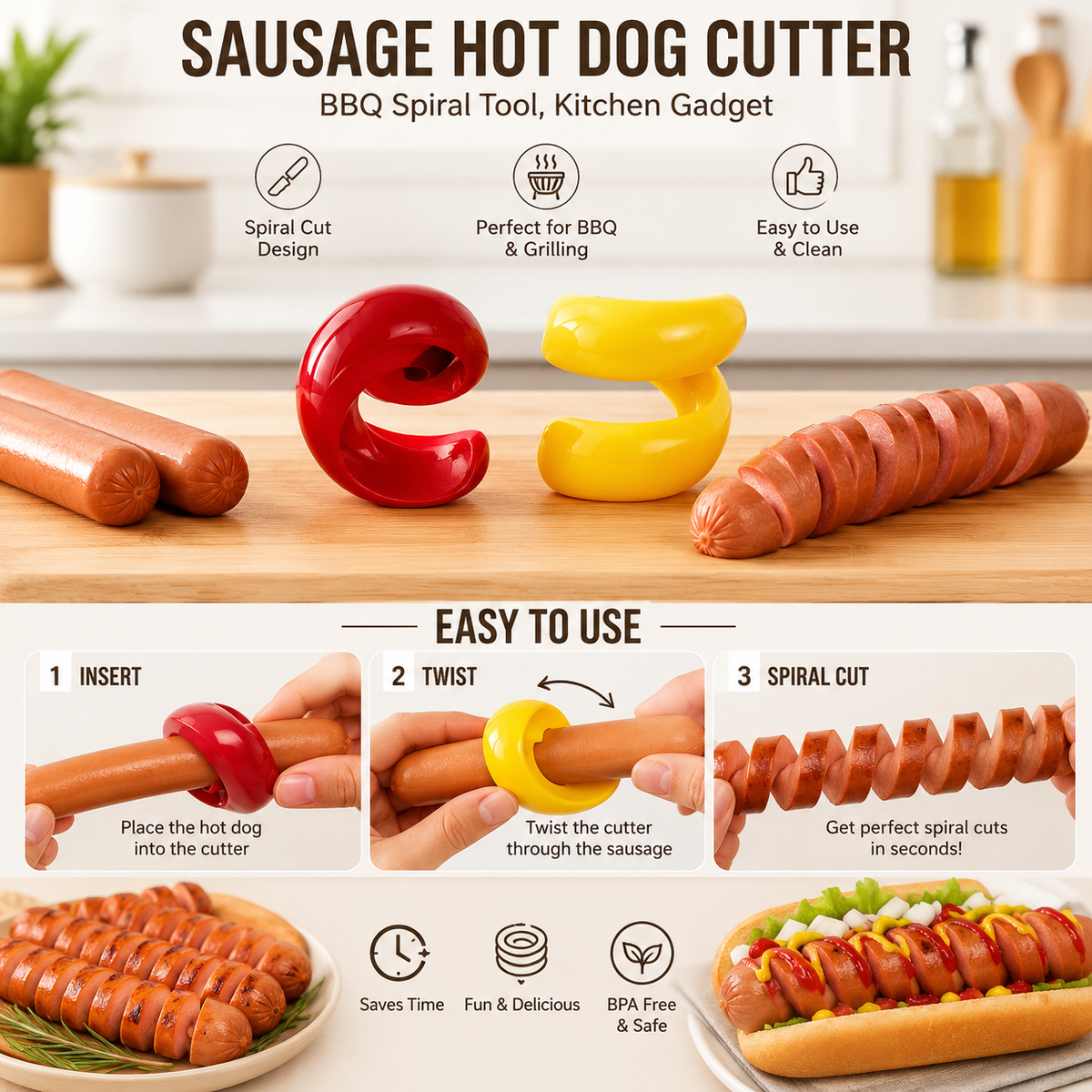 Sausage Hot Dog Cutter, BBQ Spiral Tool, Kitchen Gadget